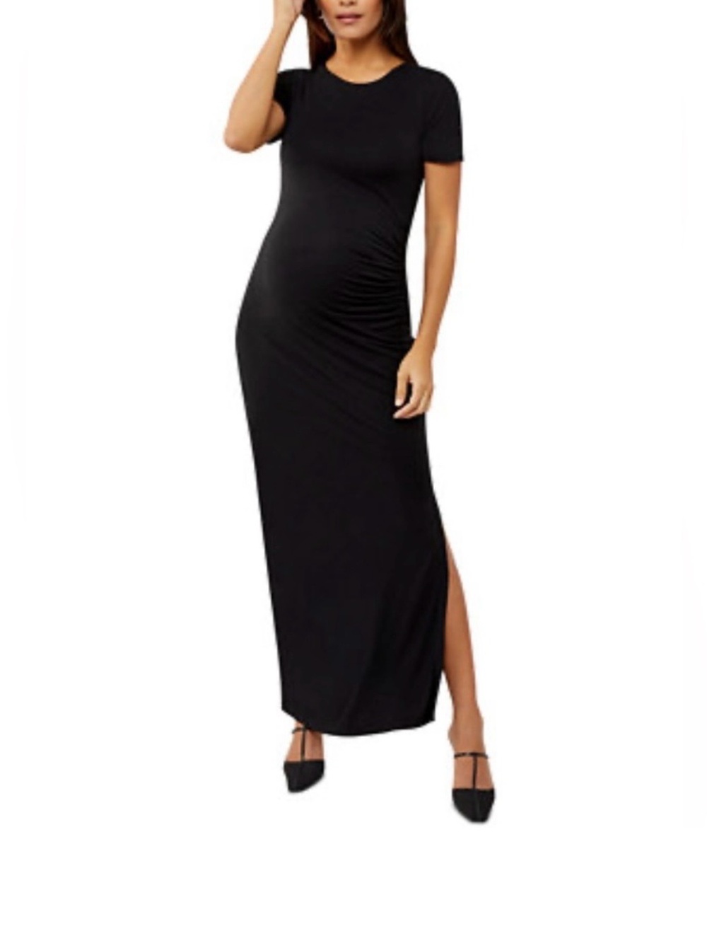 Classic Maternity Black Short-Sleeve Maxi Dress with Side Slit